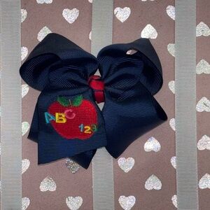 Navy Blue Kids Hair Bow with Apple Design